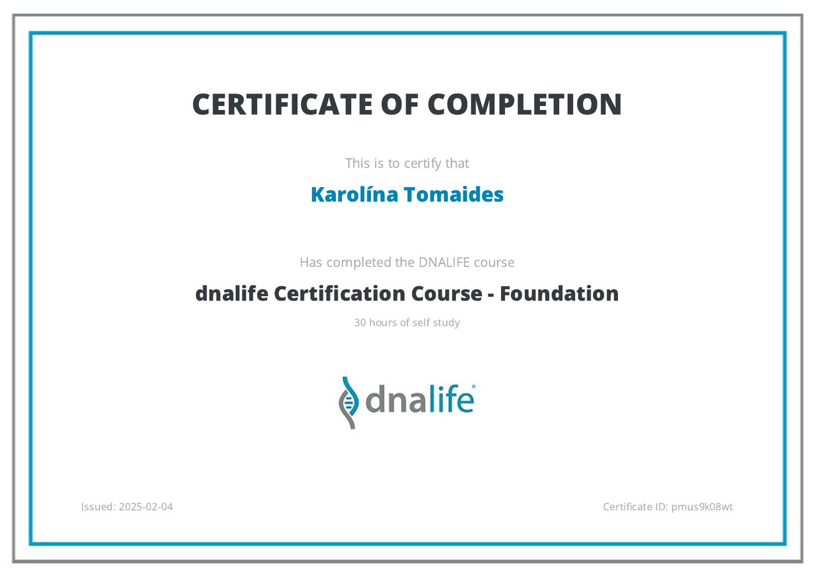 Certifikát DNA testy